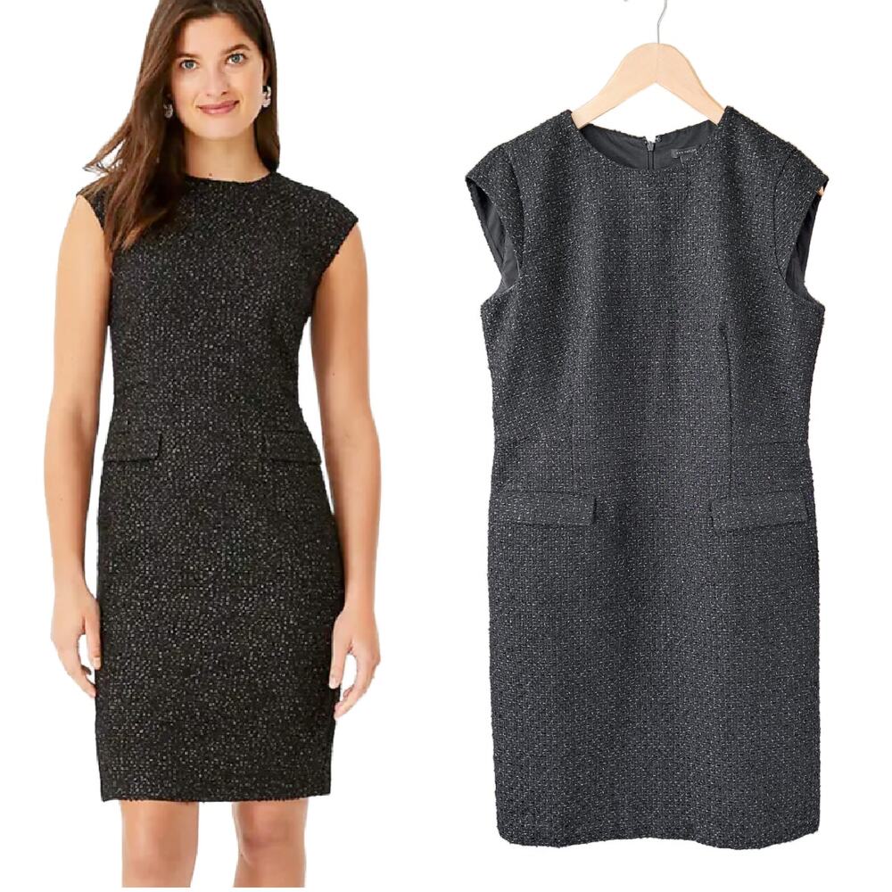 ANN TAYLOR Black Shimmer Tweed Dress Size 10 Cap Sleeve Office Metallic Modern